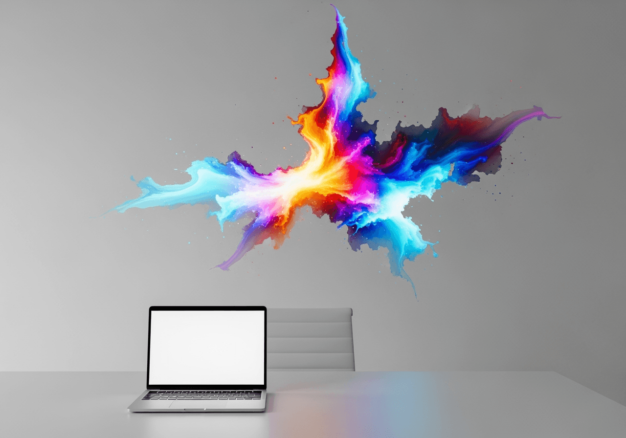 A minimalist office with a laptop and a wall projection of colorful light, symbolizing creative efficiency with AI.