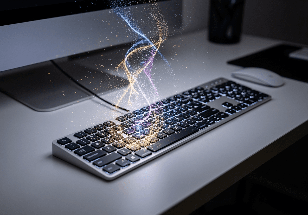 A minimalist keyboard with a colorful stream of light, symbolizing the easy text-to-video creation process.