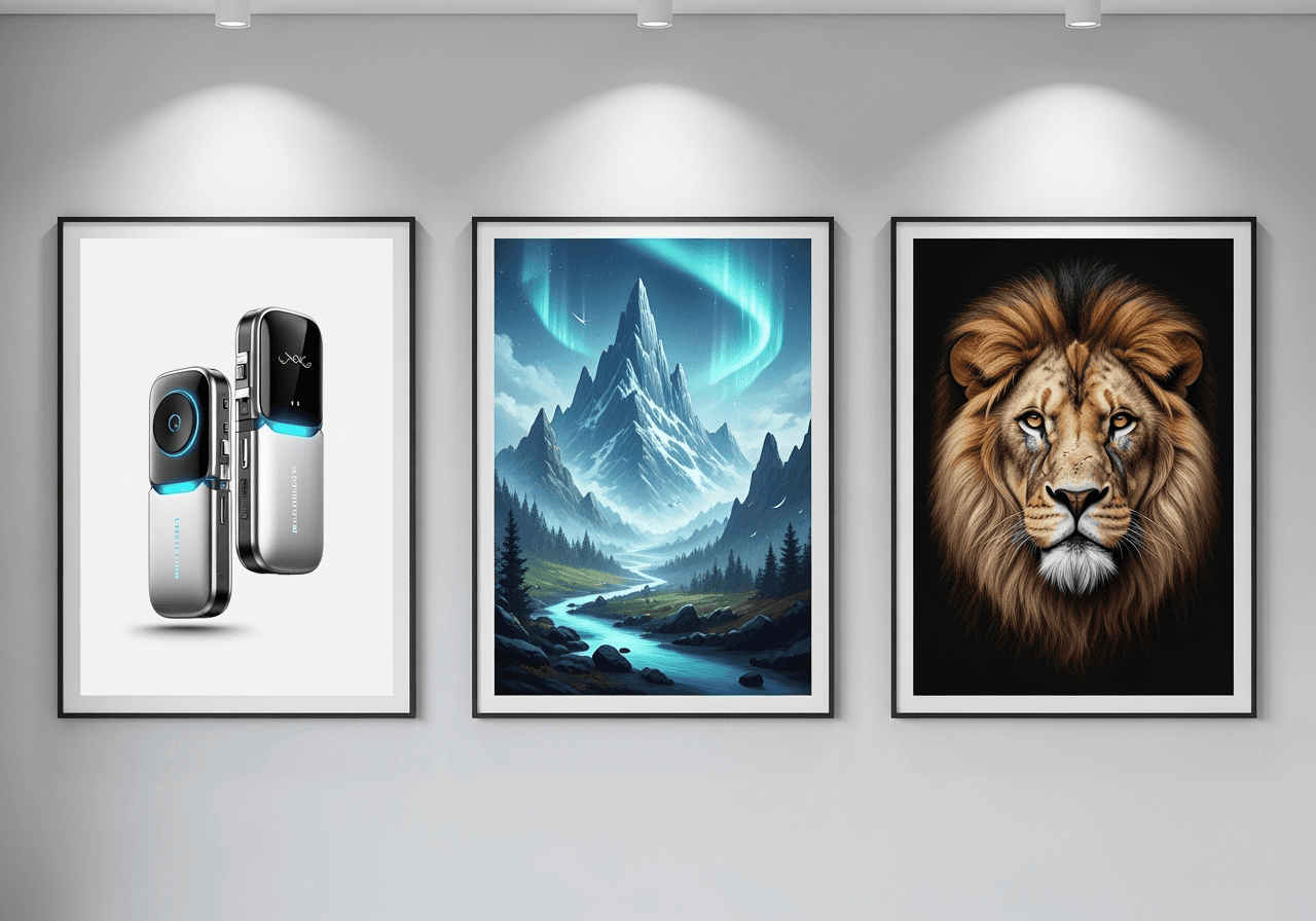 A modern gallery wall displaying diverse, professionally framed AI-generated images for various applications like design and content.