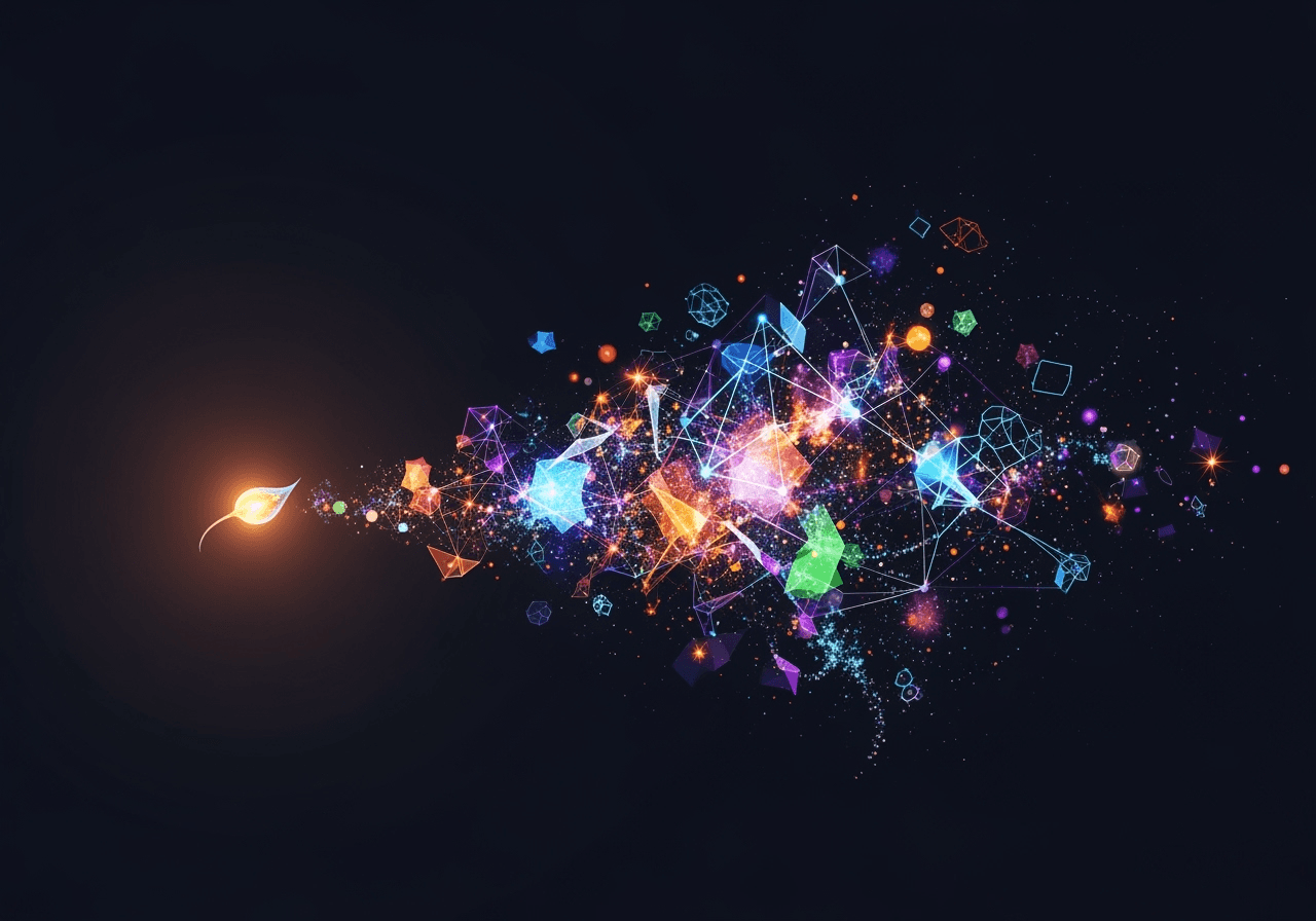 A single point of light expanding into a complex and colorful digital creation, symbolizing an idea's growth.