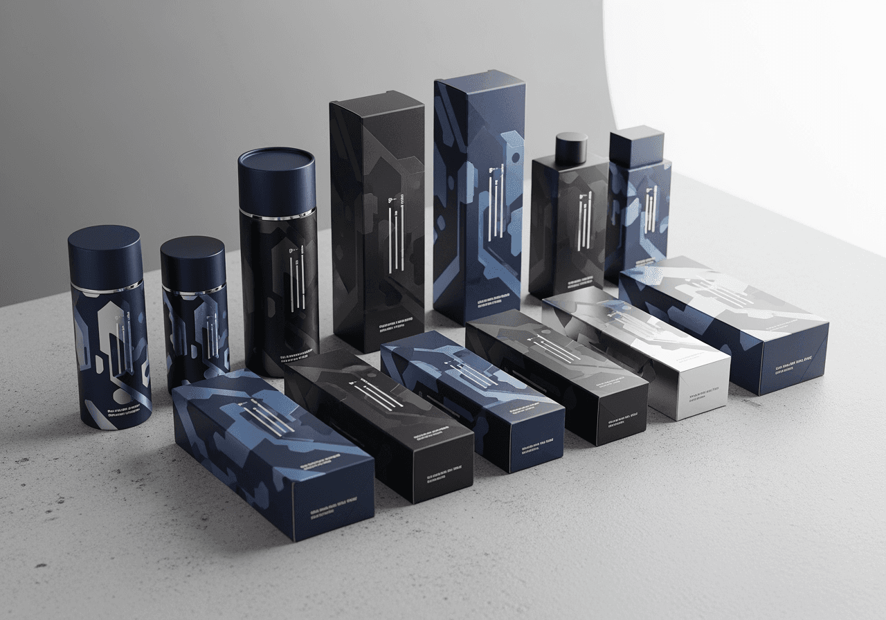 Professionally photographed minimalist product packaging with abstract designs, for commercial use.