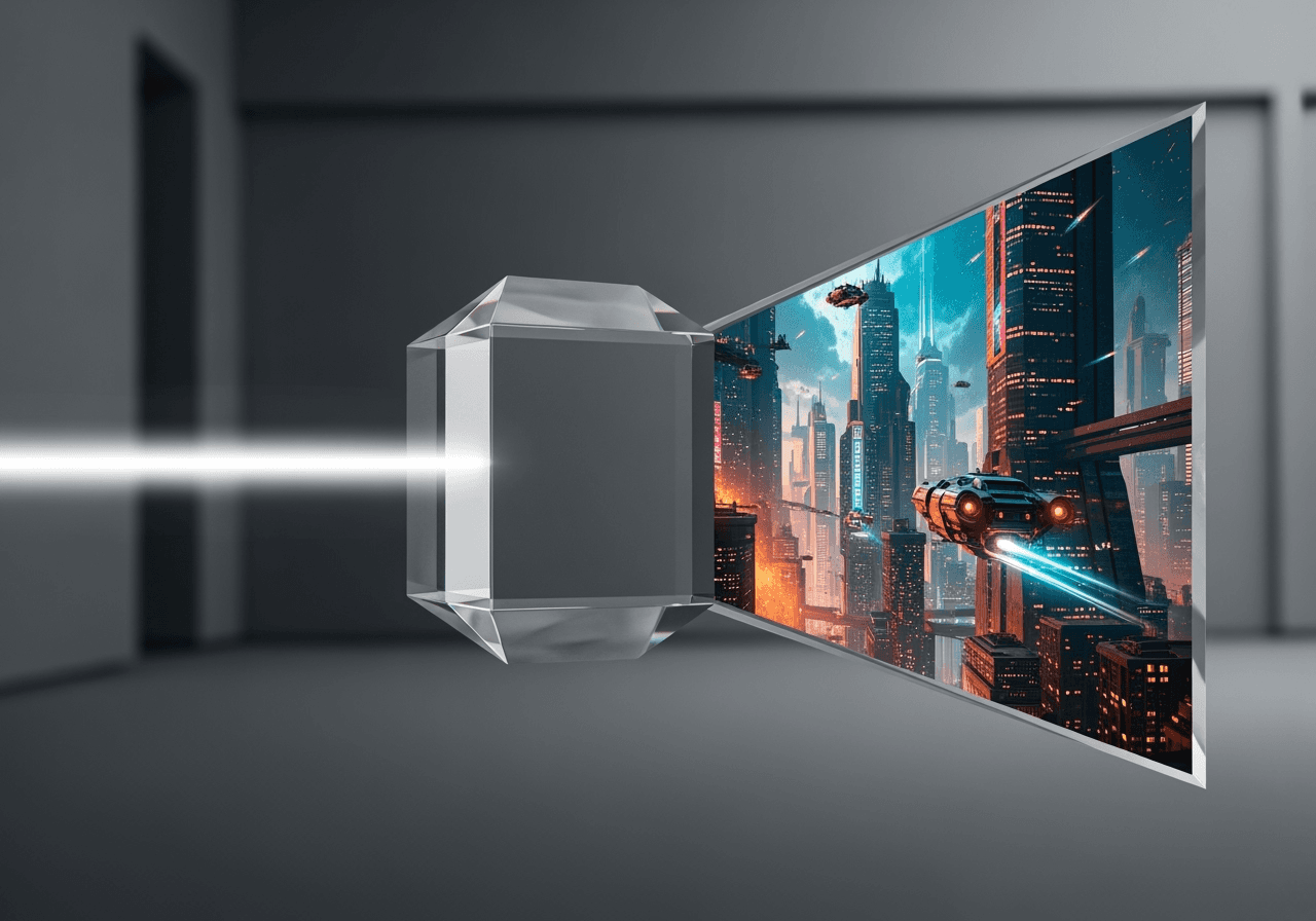 A crystal prism refracting light into a photorealistic futuristic cityscape, clean modern style.