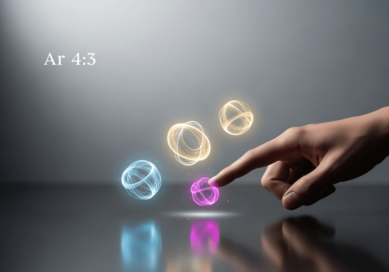 A hand poised over three floating orbs of light, symbolizing creative choices in a minimalist setting.