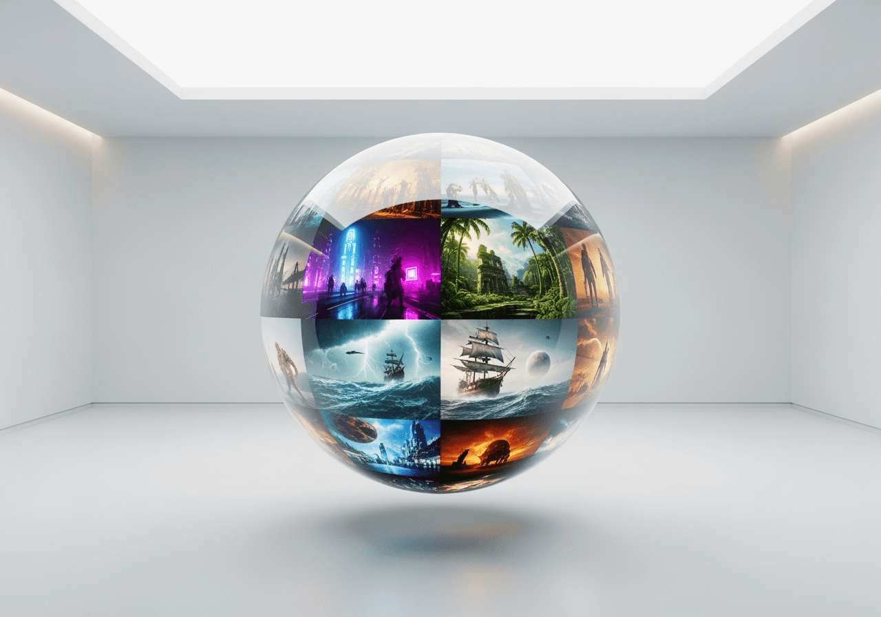 A polished chrome sphere reflecting diverse cinematic landscapes, representing a hub of AI models.