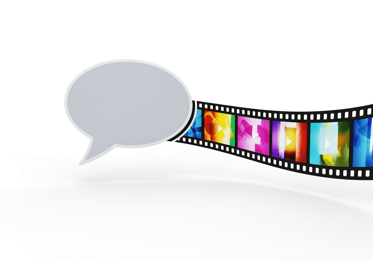 A modern icon of a chat bubble with a film strip emerging from it, symbolizing creating videos via chat.