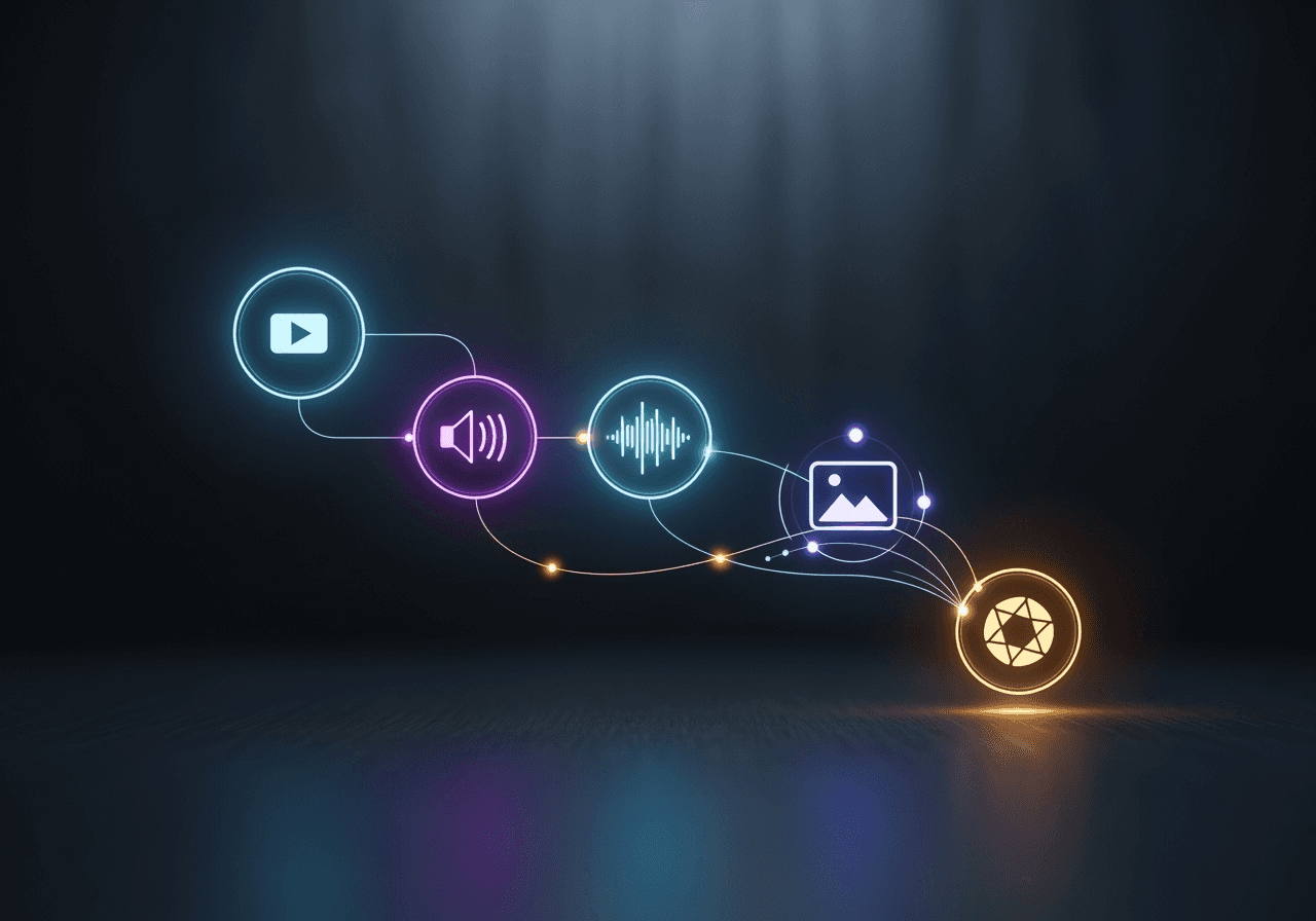 Interconnected nodes for video, audio, and image creation, representing an all-in-one creative workflow.