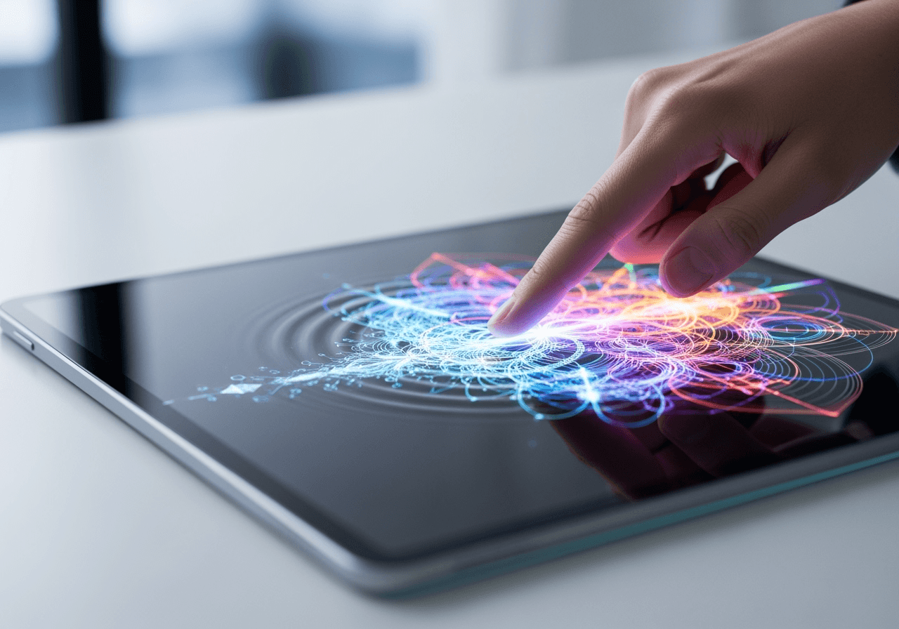 A finger touching a screen and creating art, symbolizing the easy-to-use interface for a powerful AI tool.
