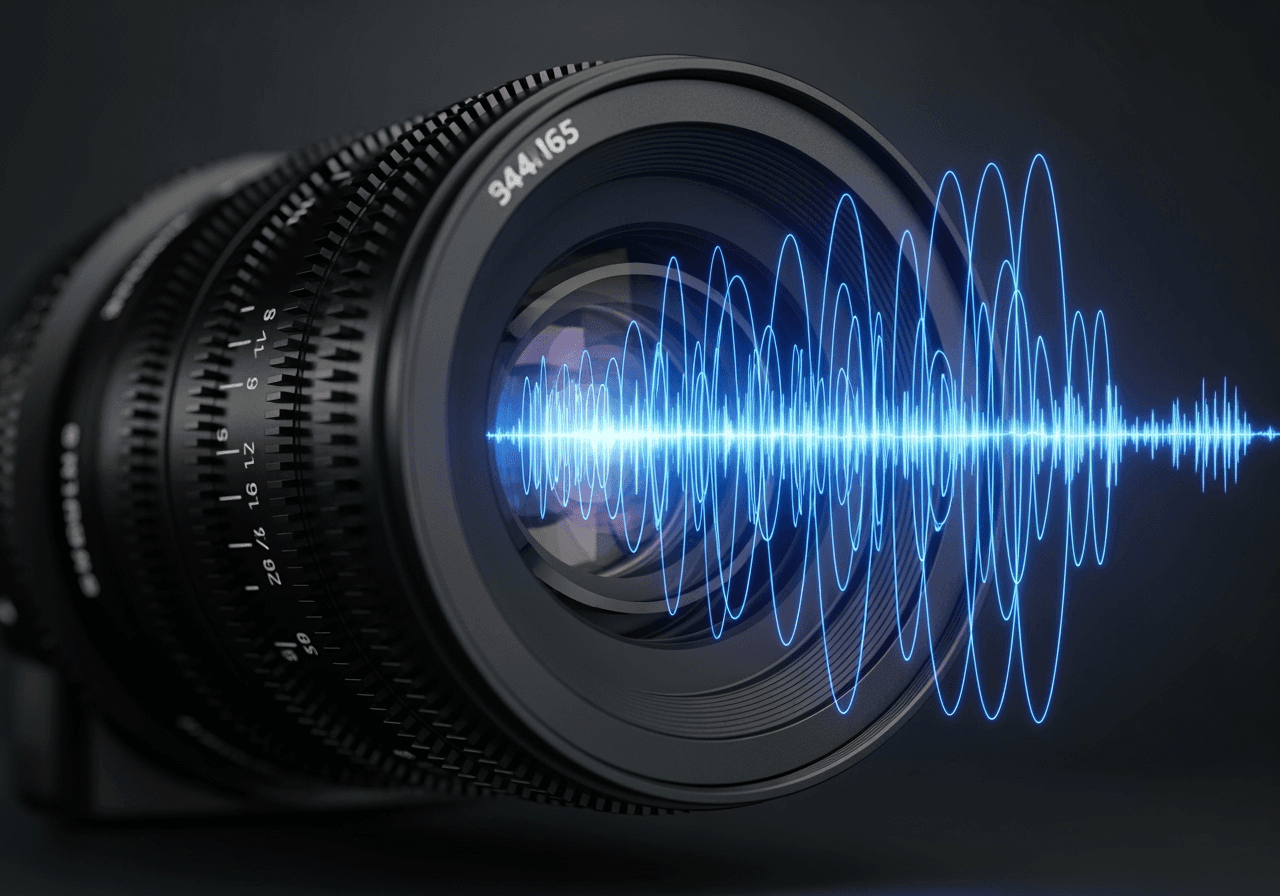 A close-up of a cinematic lens with soundwaves, representing advanced AI video features like native audio.