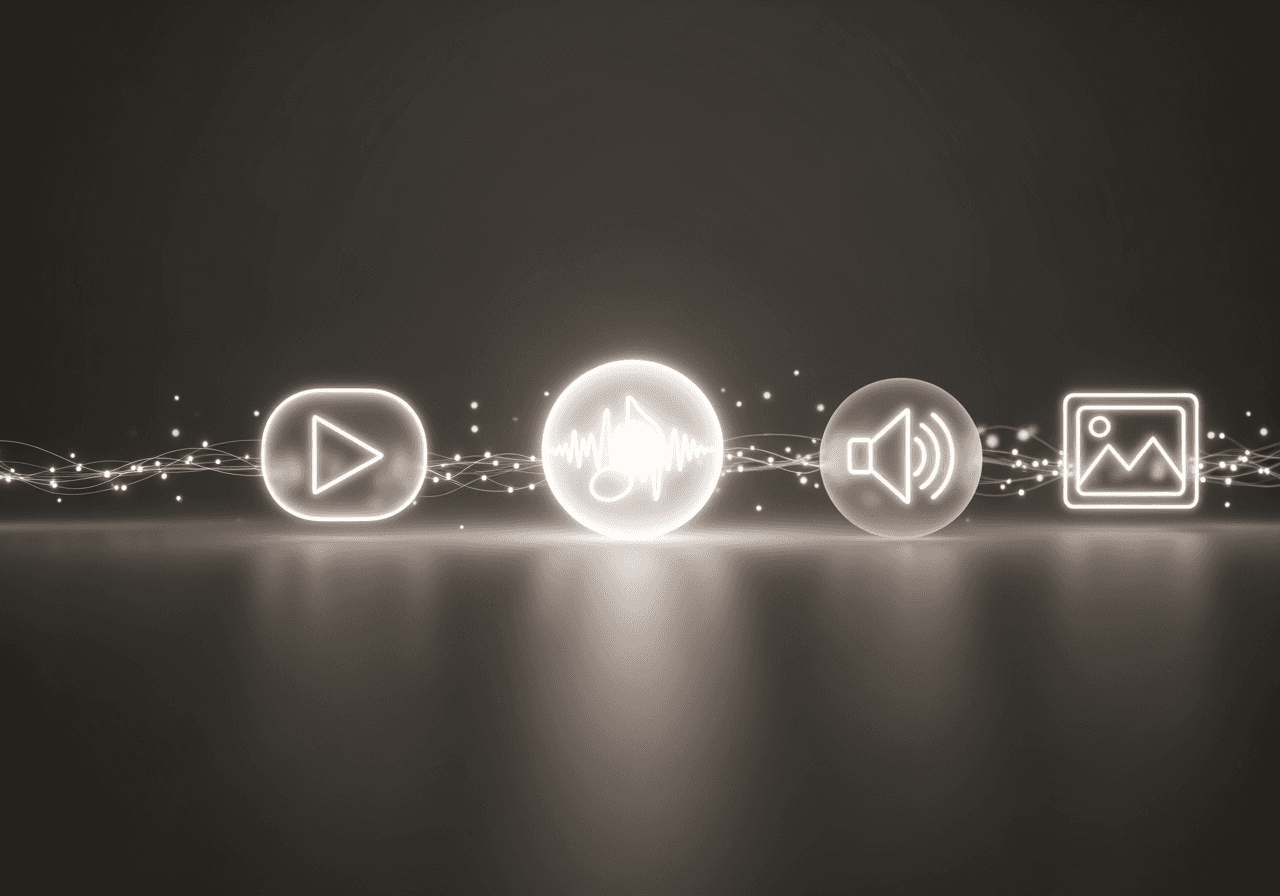 Abstract icons for different media types connecting to a central point, symbolizing an all-in-one content creation hub.