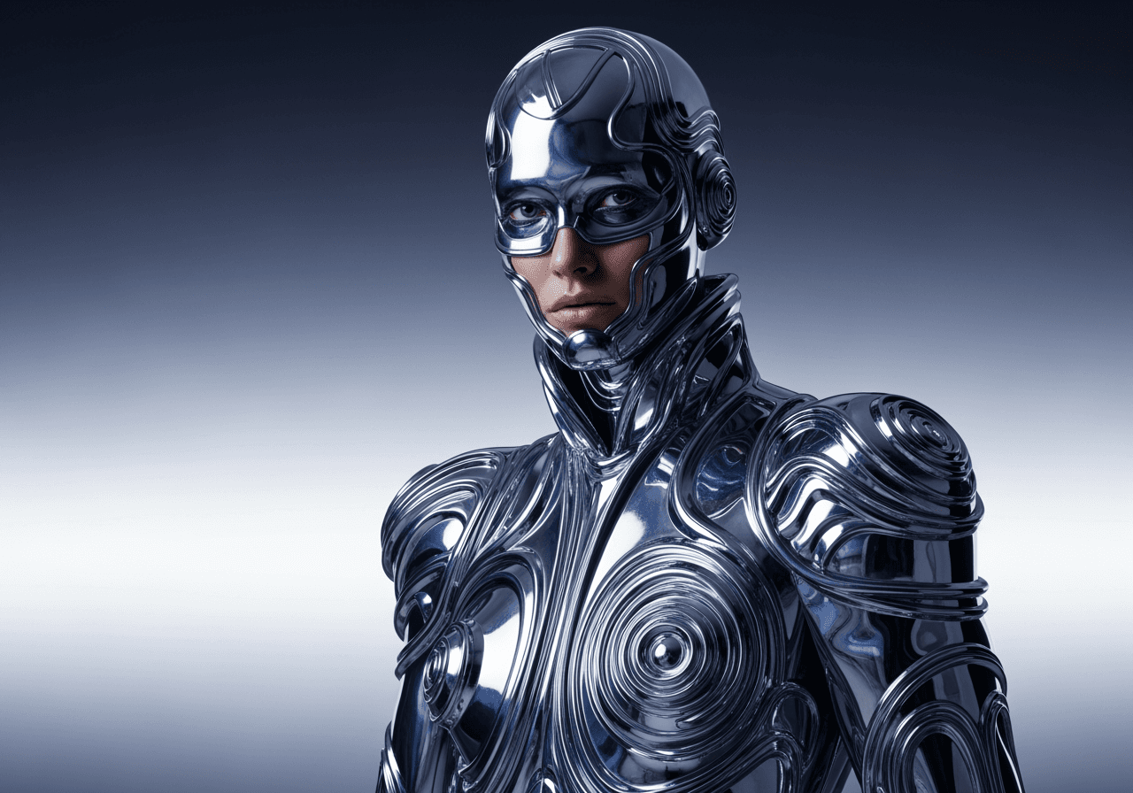 Hyperrealistic portrait of a futuristic model in liquid metal clothing, showcasing AI's ability to create complex textures and styles.