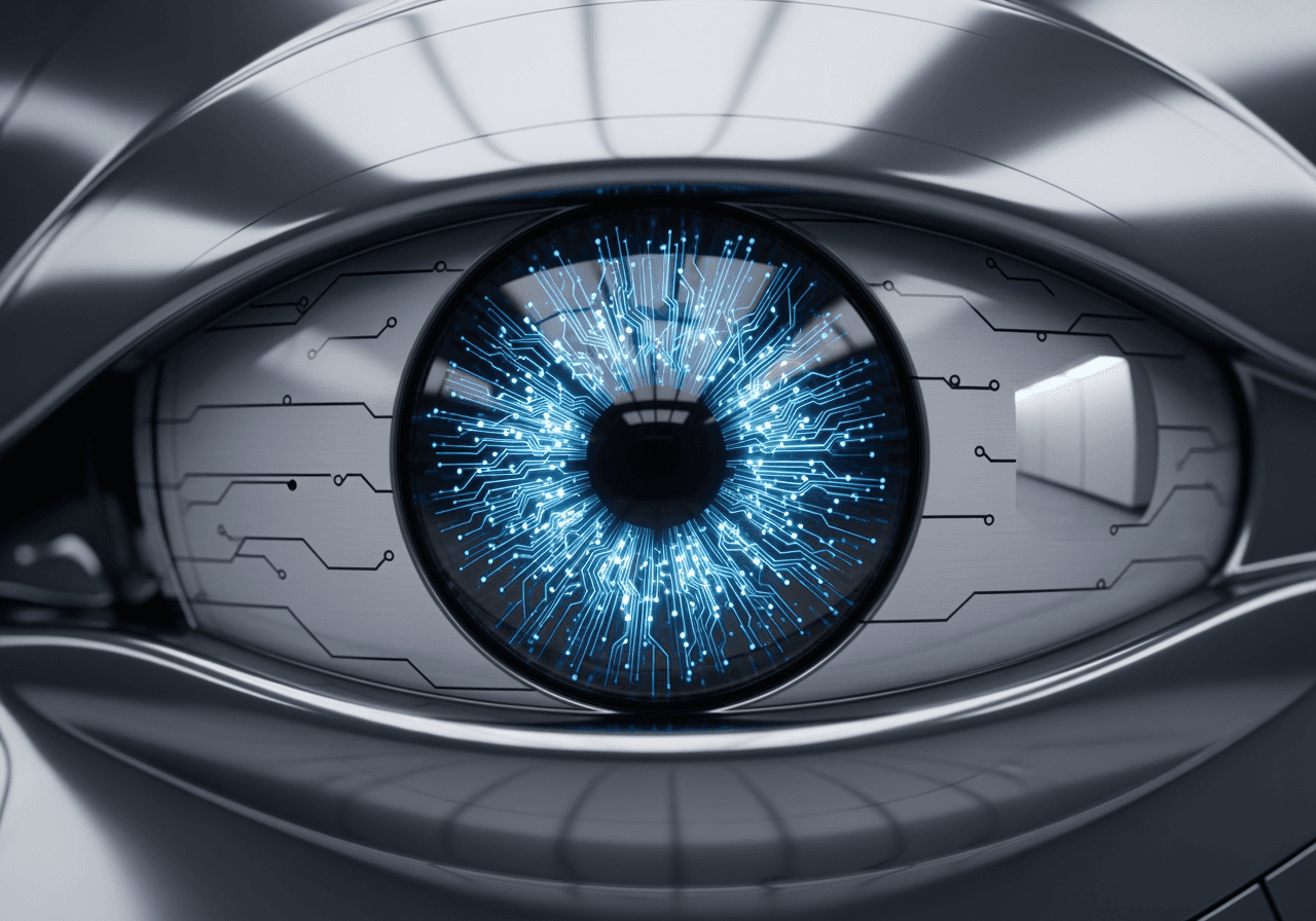 A close-up of a detailed robotic eye, symbolizing the high performance of an AI model.