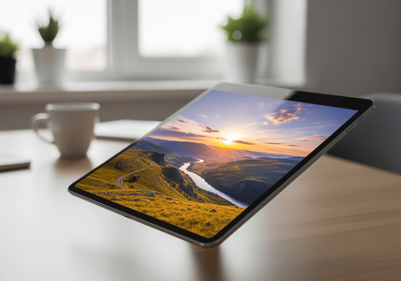A high-resolution, watermark-free photo emerging from a tablet, symbolizing high-quality output.