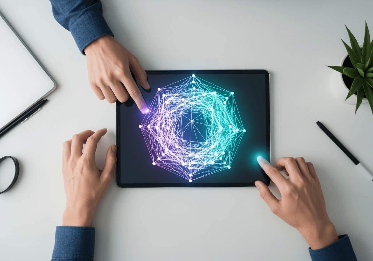 Top-down view of hands using a tablet to generate a 3D wireframe, representing a simple and clean AI creation process.