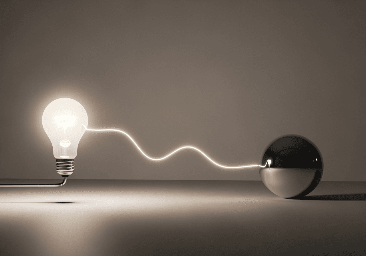 A lightbulb connected to a sphere by a line of light, representing a simple idea-to-image process.