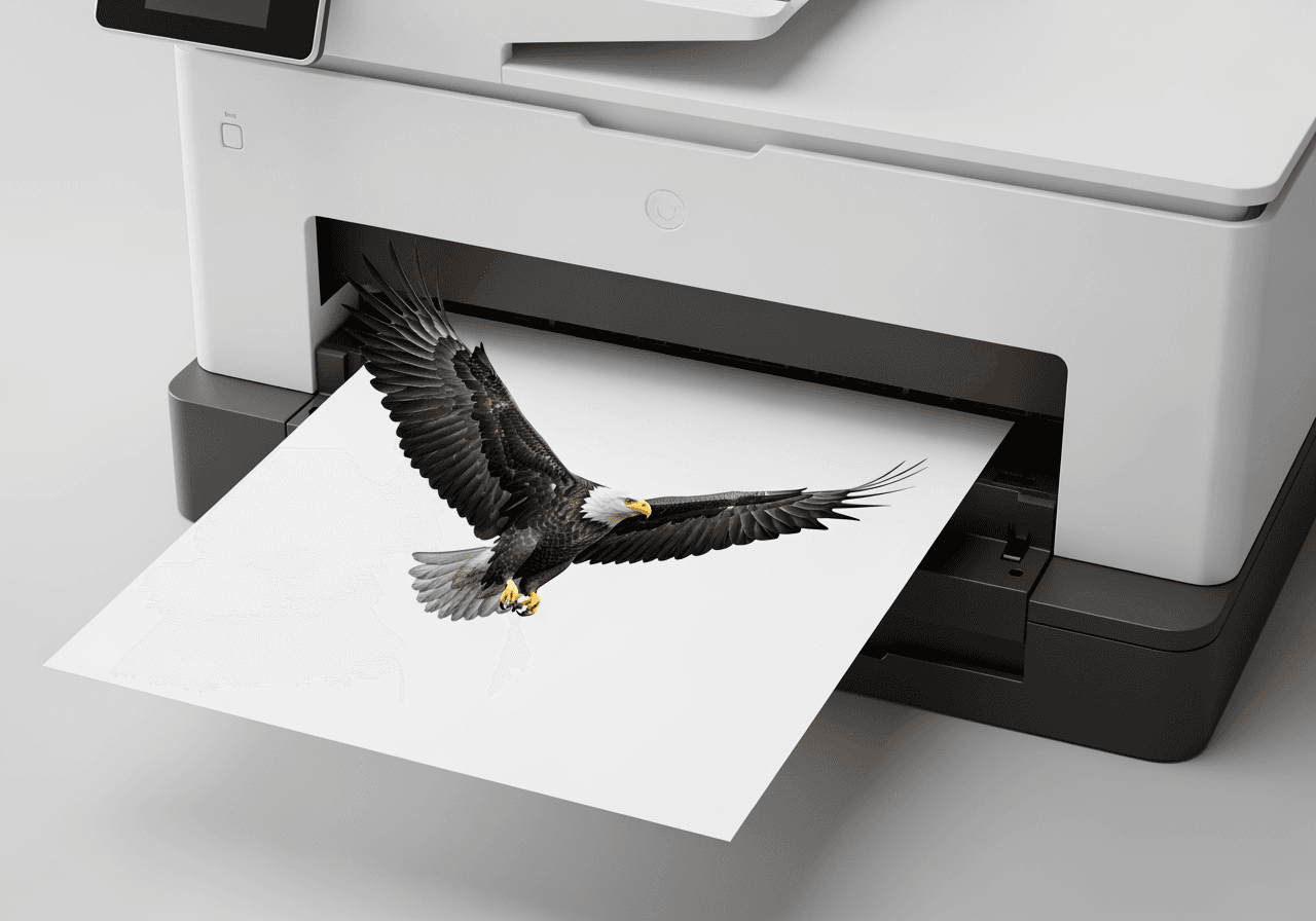 A high-quality, watermark-free photo of an eagle being printed, representing professional, ready-to-use AI images.