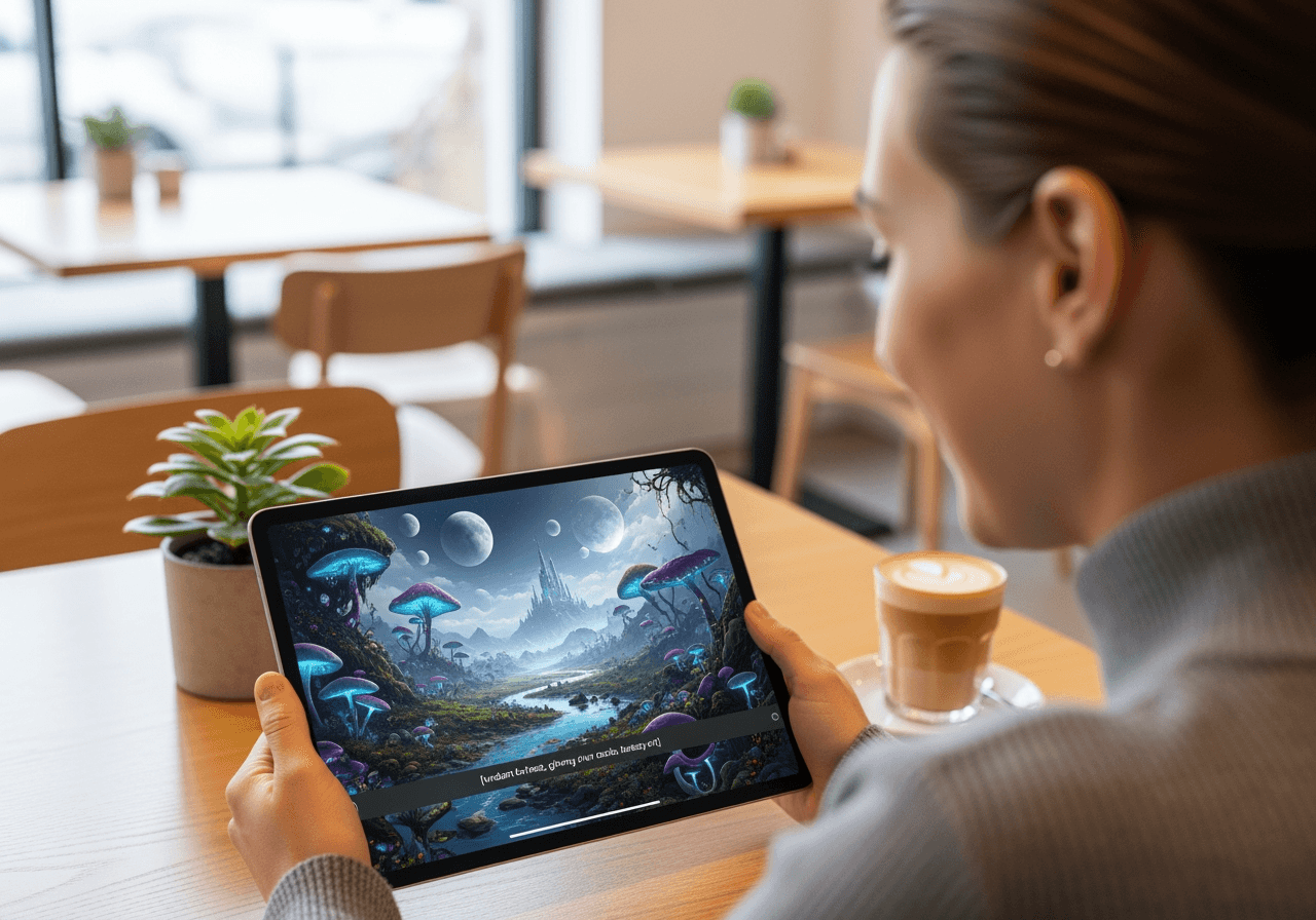 A person easily creating a fantasy image on a tablet, showcasing the simple AI generation process.