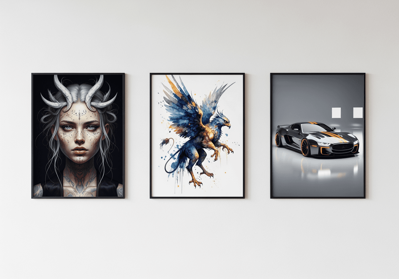 A gallery wall with three distinct AI-generated images: a photorealistic portrait, a watercolor, and a 3D render.