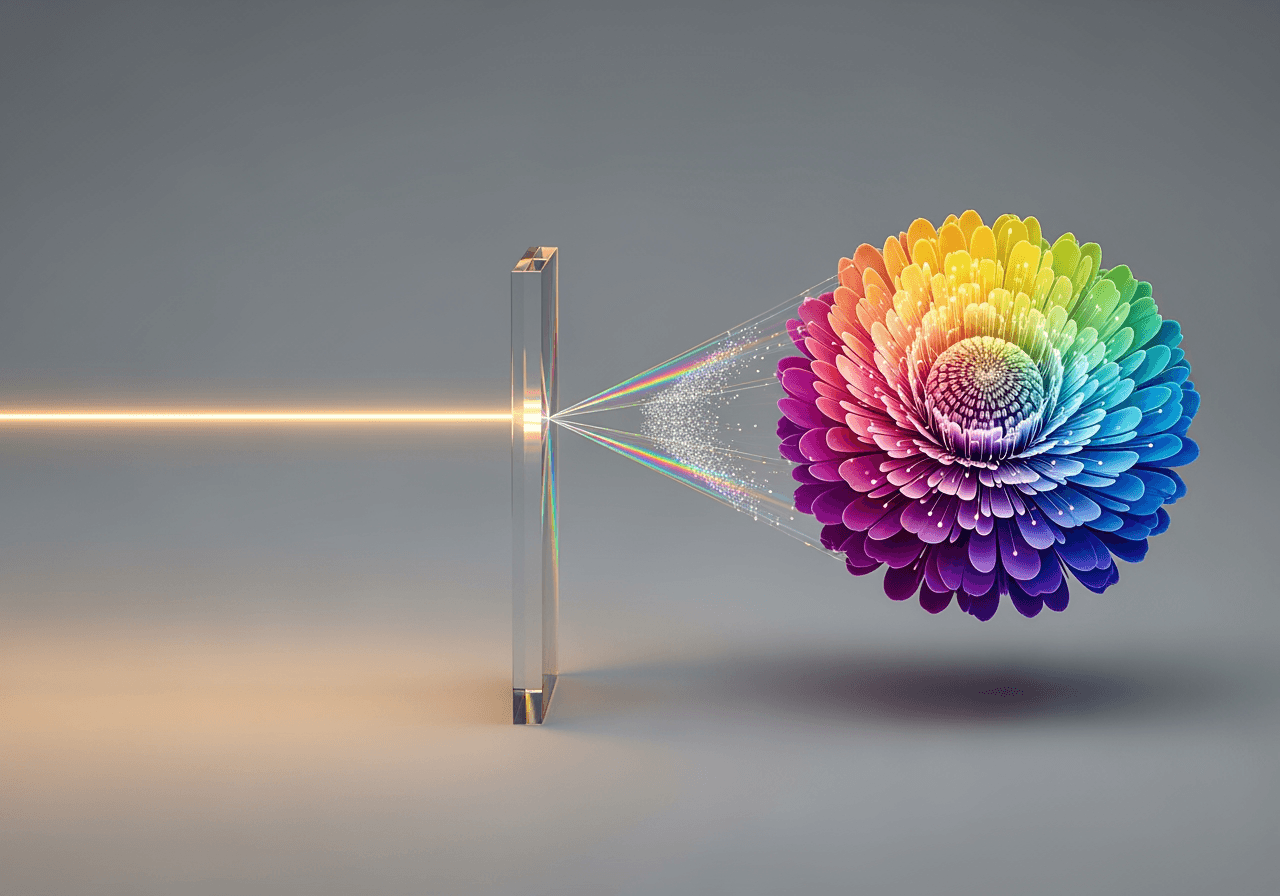 Abstract image of light transforming into a digital flower, symbolizing a simple creative process.