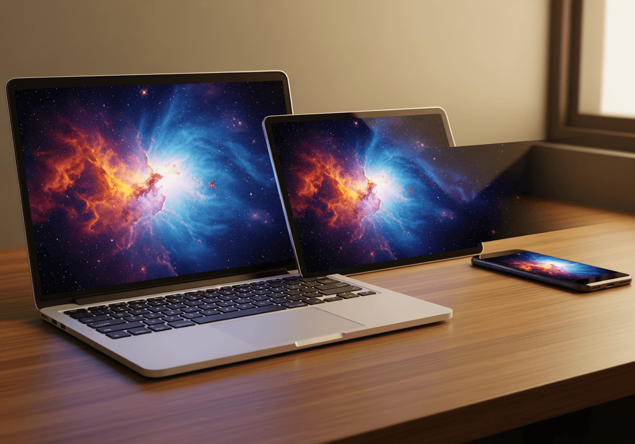 A single image displayed seamlessly across a laptop, tablet, and smartphone screen.