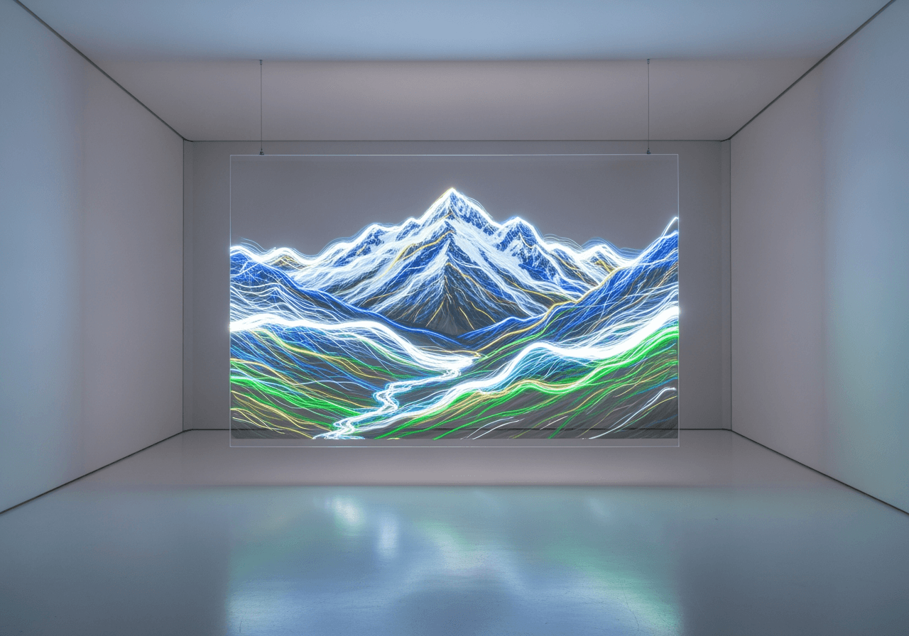 A realistic landscape image being created by lines of light on a futuristic transparent screen.