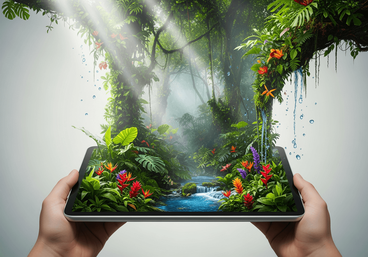 A high-resolution, watermark-free photo of a jungle emerging from a minimalist tablet screen.