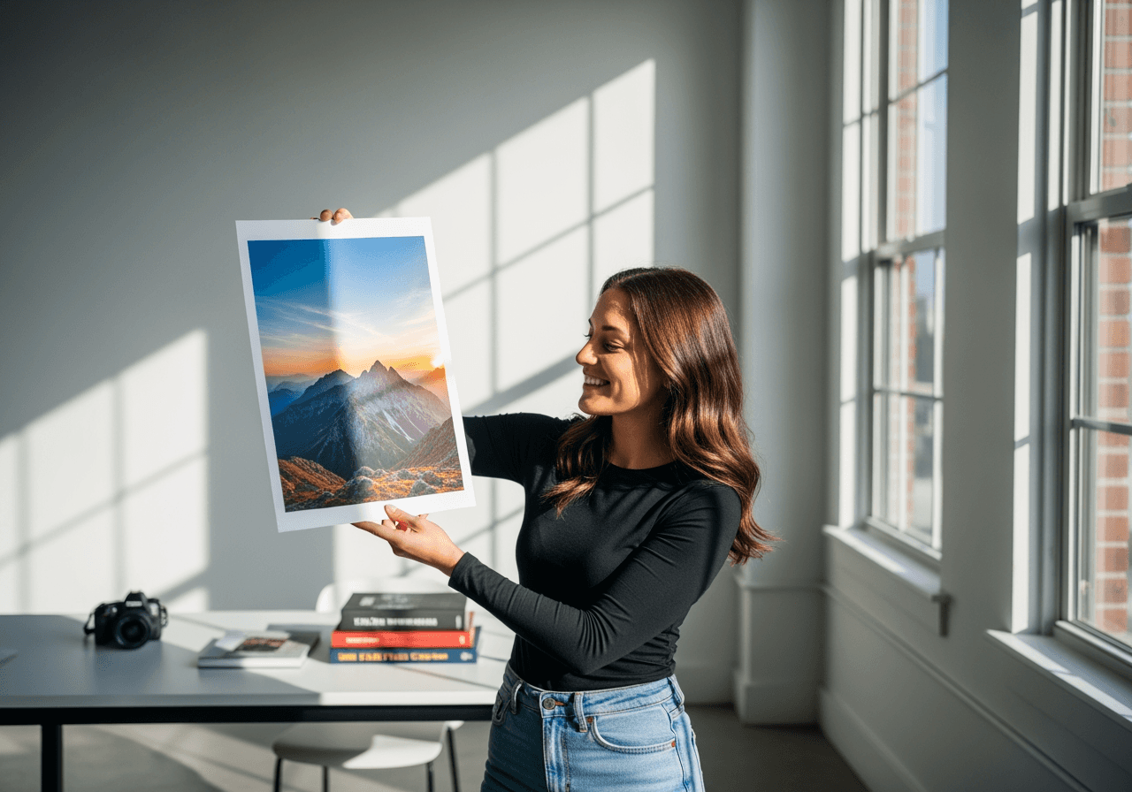 A person holding a high-quality, watermark-free photo, representing free and unrestricted use of AI-generated images.