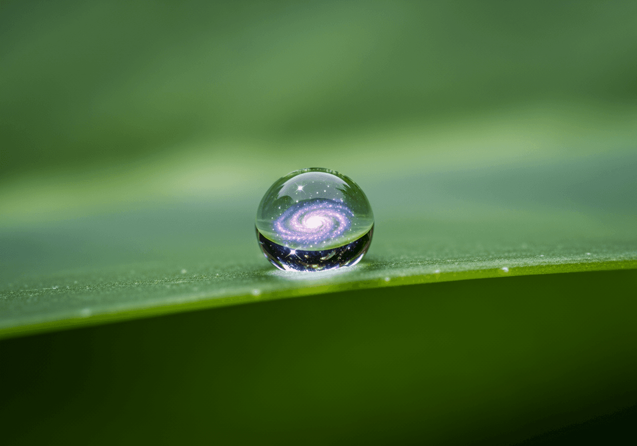 A hyper-realistic macro photo of a water droplet on a leaf reflecting a tiny galaxy, showcasing high-quality AI image generation.