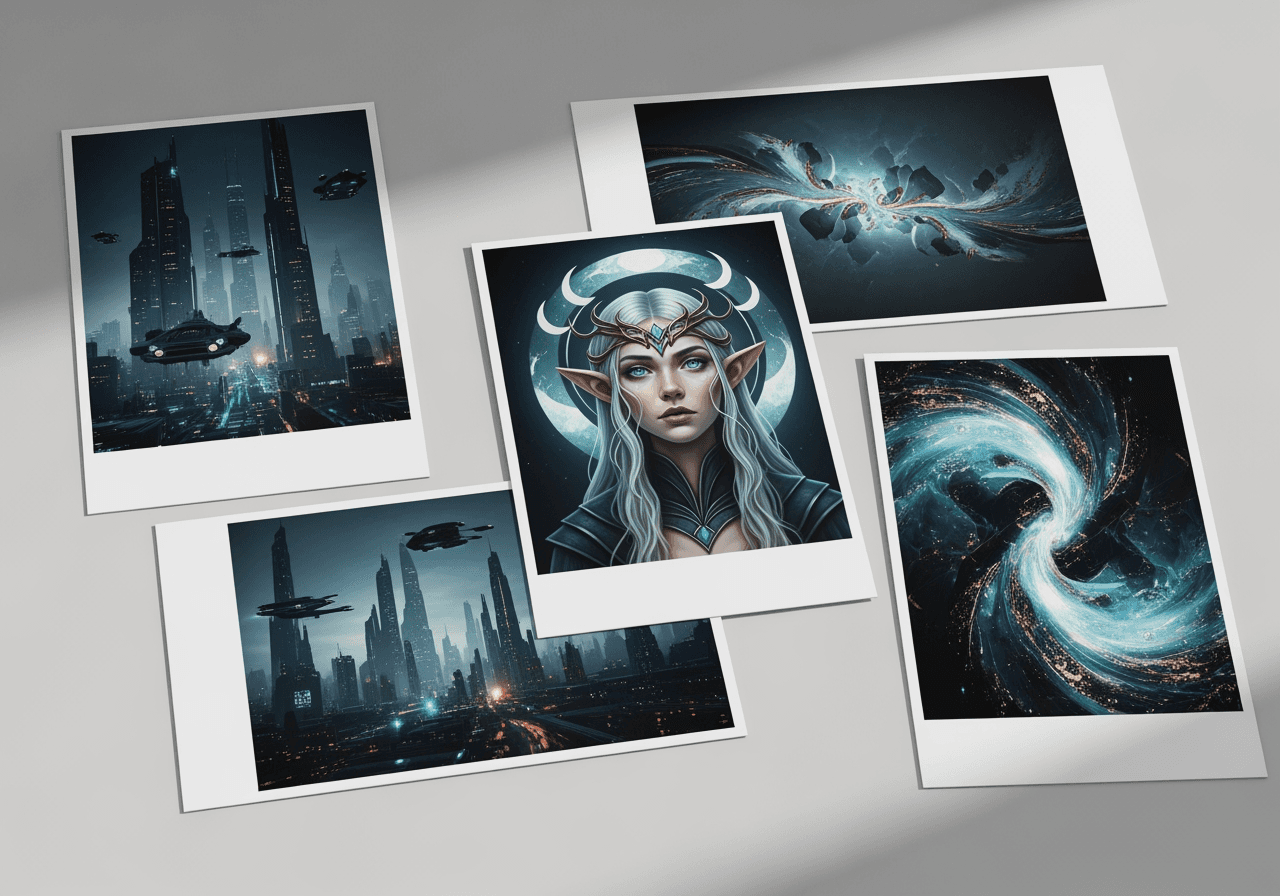Several high-quality, watermark-free photo prints on a clean surface, representing the output of the AI service.