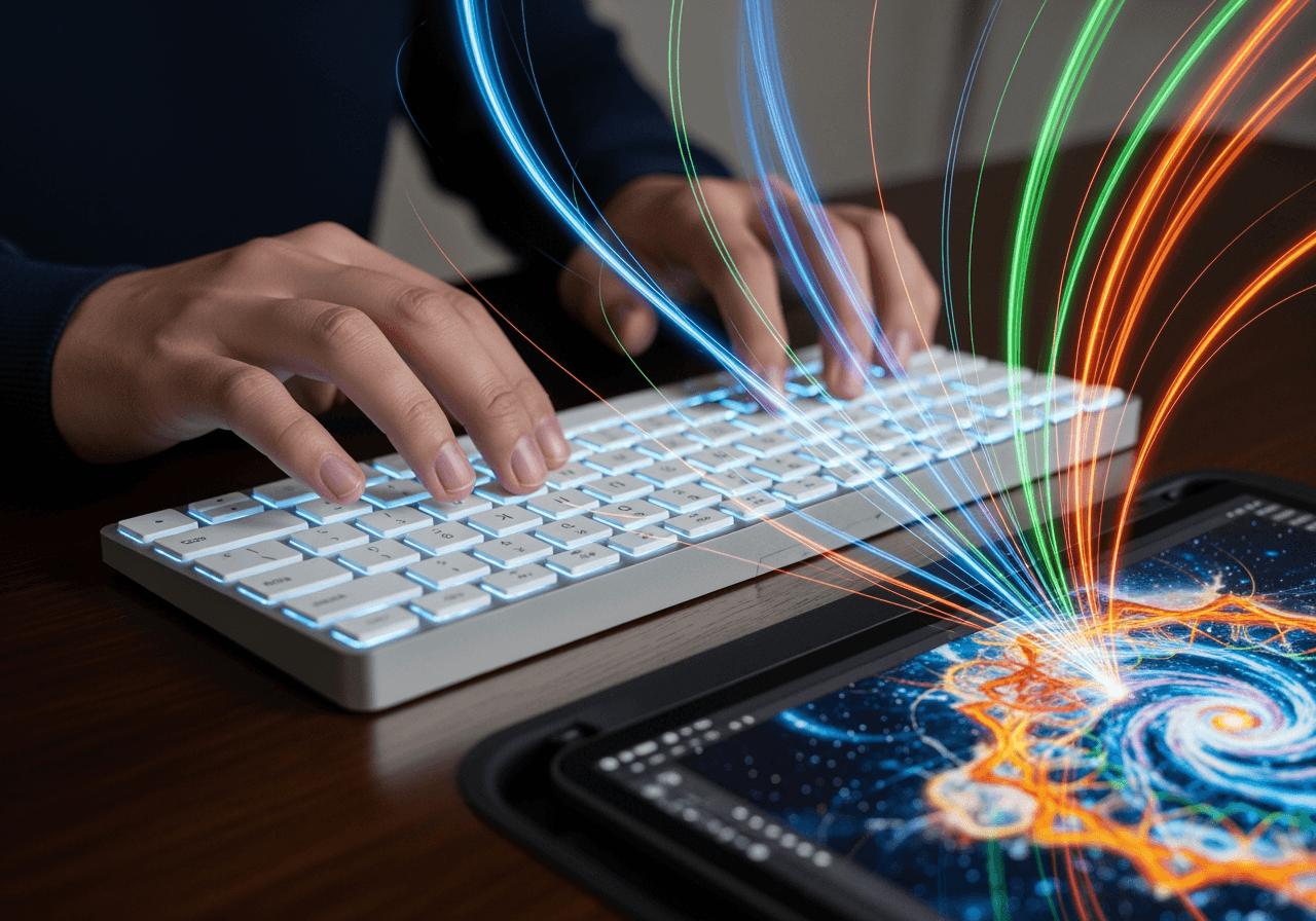 Hands over a keyboard with light flowing to a screen, symbolizing the simple process of creating AI art.