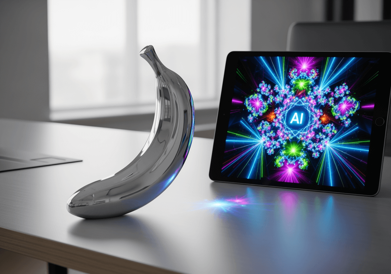 A sleek chrome banana sculpture next to a tablet showing vibrant AI art, representing the Nano Banana Pro model.