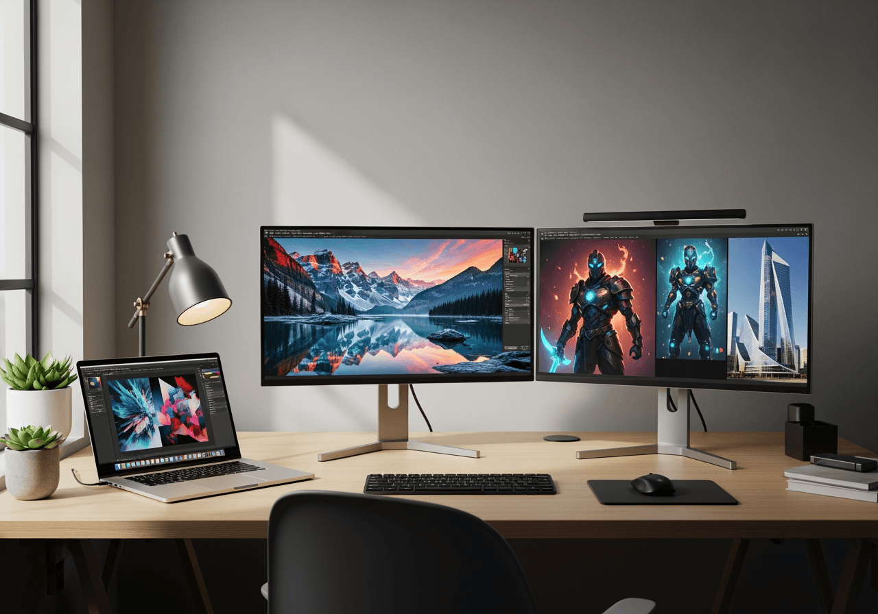 A professional designer's desk with multiple screens displaying a portfolio of high-quality AI-generated images.