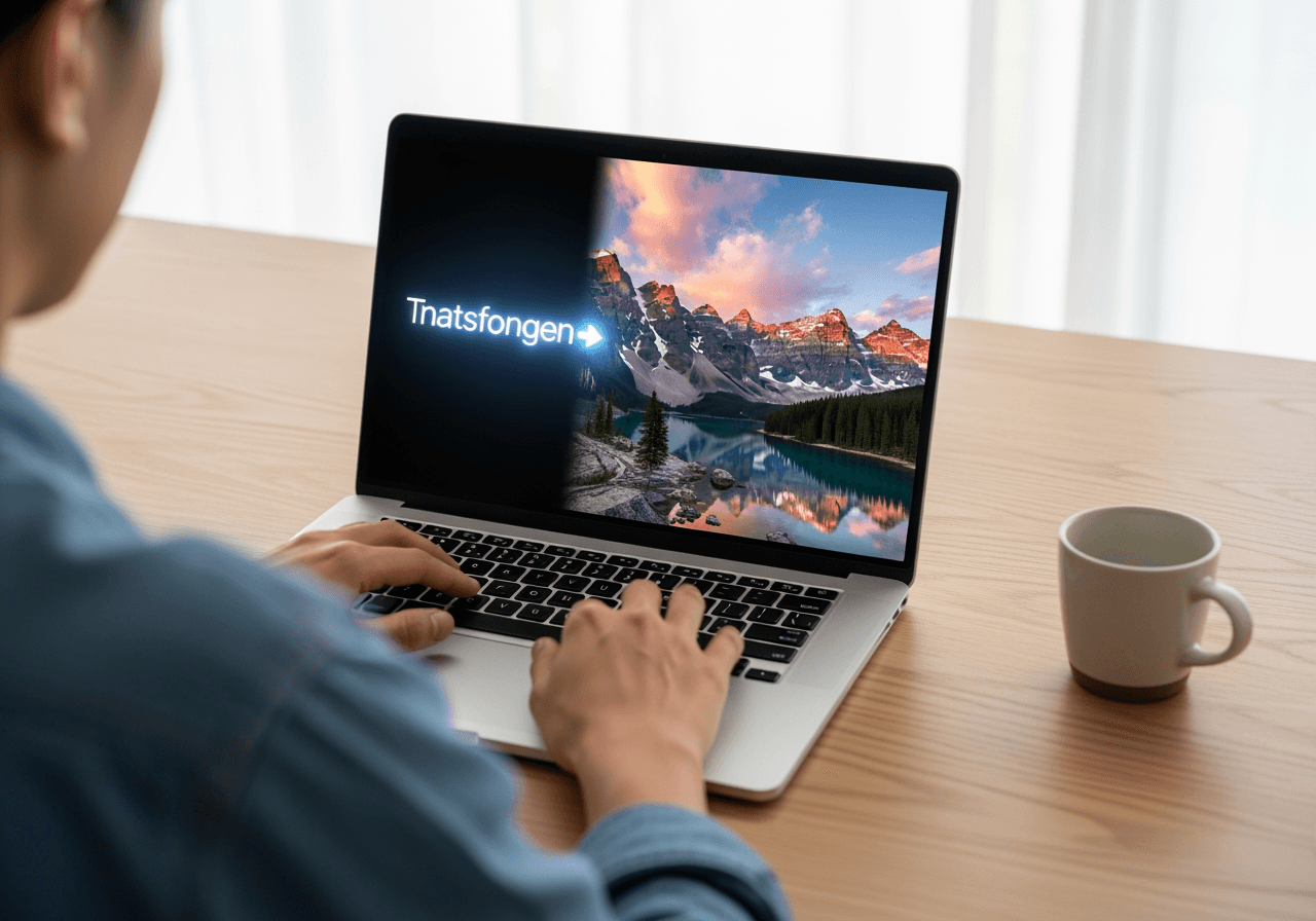A user's view of an AI image generation process on a laptop, where a text prompt becomes a photo.