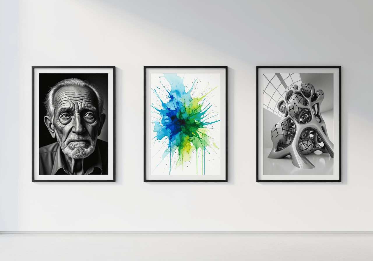 Three AI-generated images in photorealistic, watercolor, and 3D styles hanging in a modern gallery.
