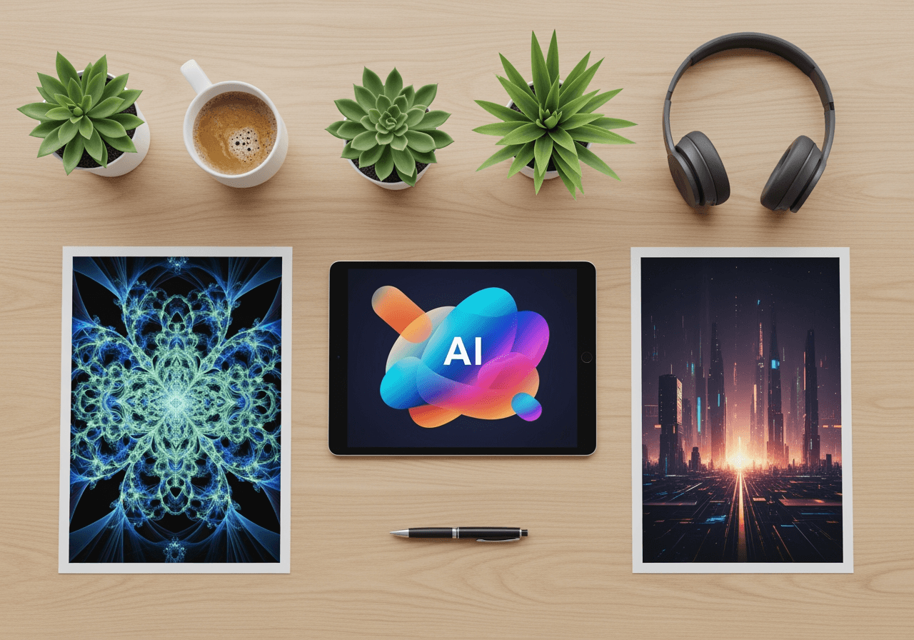 A creative professional's desk with various marketing and social media materials created using AI-generated images.