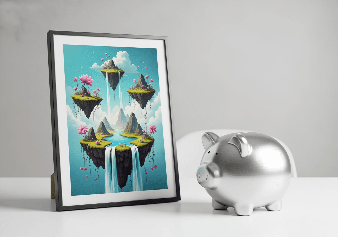 A gallery-quality art print next to a full piggy bank, illustrating the concept of saving money on AI images.