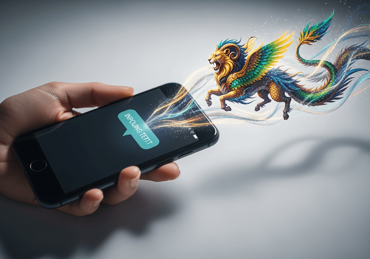 A complex image emerging from a simple chat message on a smartphone, symbolizing ease of use.