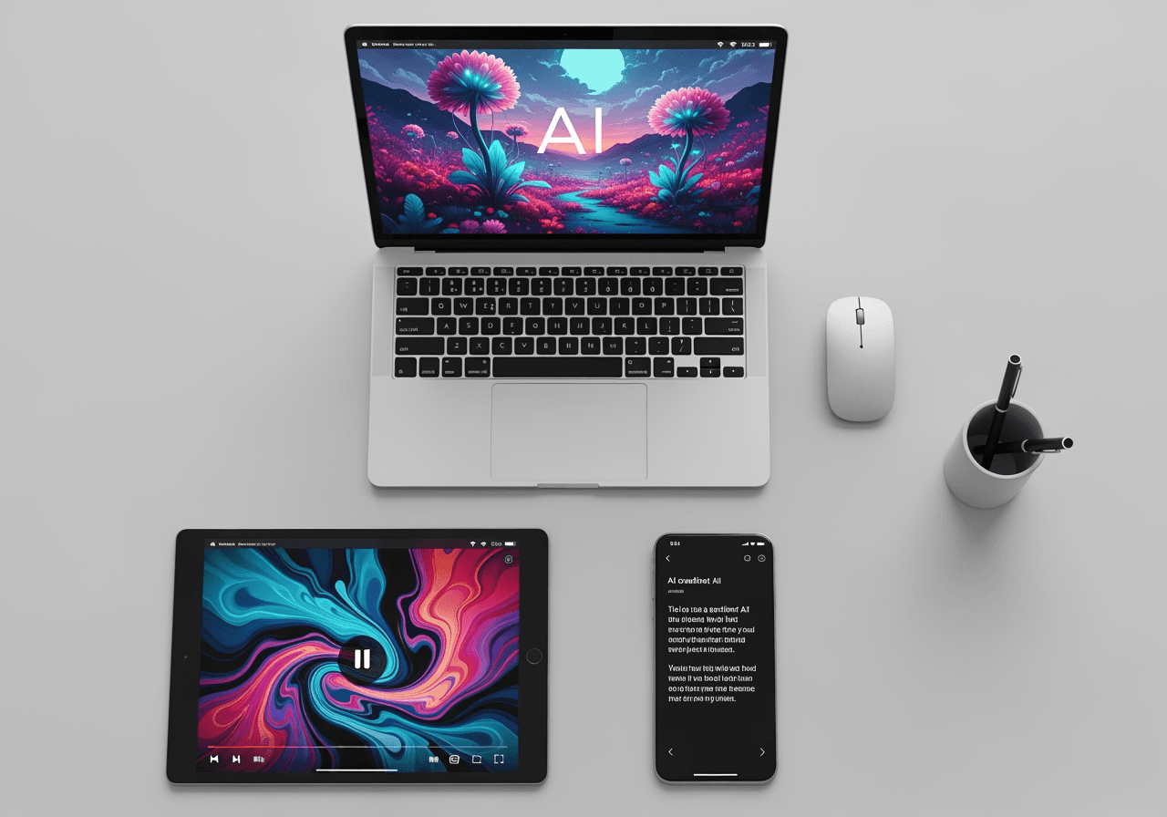 Various devices on a desk showing different AI creations from one platform, symbolizing an all-in-one service.