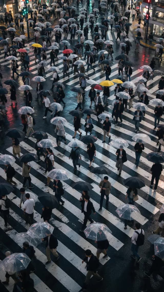 Vue plongeante d'une foule aux parapluies transparents, noirs et jaunes traversant un immense carrefour sous la pluie – Seedream 5.0 Pro
