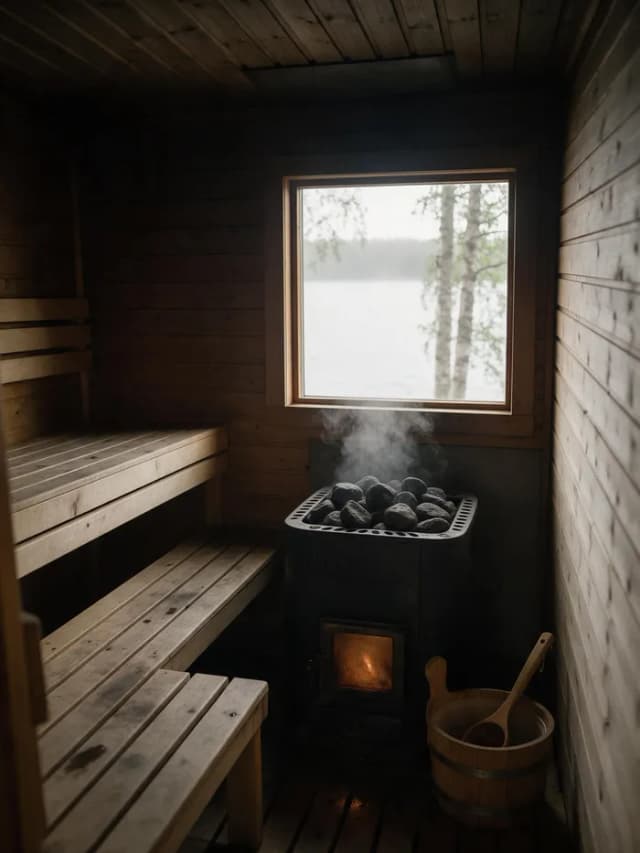 Poêle à pierres fumant et seau en bois dans un sauna au bord d'un lac, des bouleaux derrière la fenêtre – Seedream 5.0 Pro