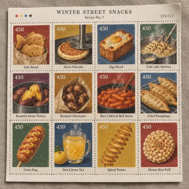 Feuille de timbres commémoratifs illustrant douze en-cas de rue coréens d'hiver, du pain-poisson au tteokbokki – ChatGPT Image 2.5 Sunburst Medium