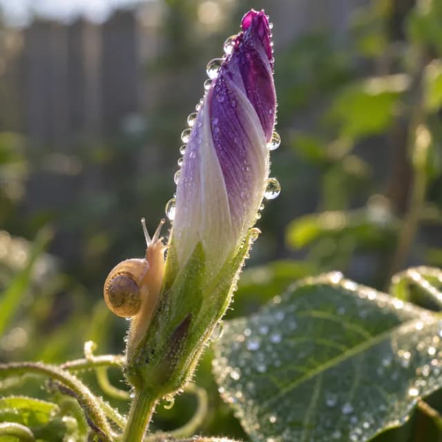Minuscule escargot grimpant sur la tige d'un bouton de volubilis violet perlé de rosée dans la lumière matinale – ChatGPT Image 2.5 Sunburst High