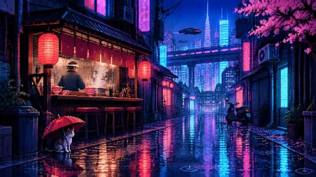 Pixel art d'une ruelle néon pluvieuse d'un Tokyo futuriste avec un chat sous un parapluie rouge – ChatGPT Image 2.5 Flare Low