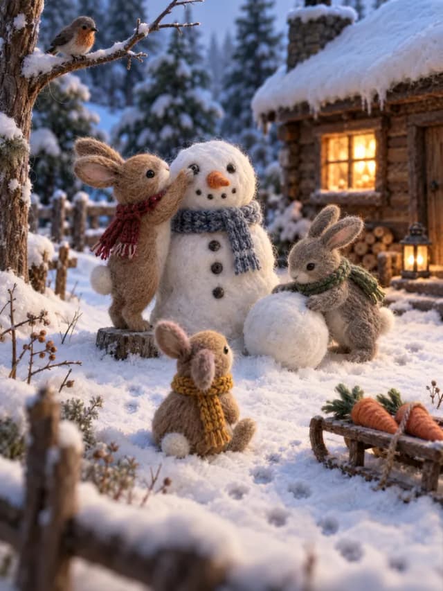 Trois lapins en feutrine en écharpe construisant un bonhomme de neige près d'un chalet éclairé et d'une luge de carottes – ChatGPT Image 2.5 Sunburst High