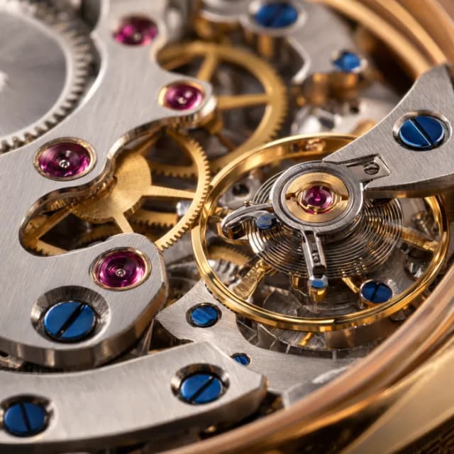 Gros plan d'un mouvement de montre aux engrenages dorés, rubis et vis bleuies – ChatGPT Image 2.5 Sunburst Max