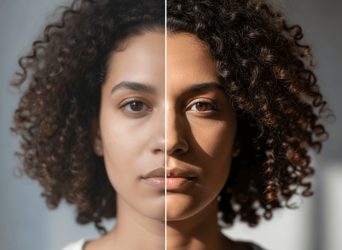 Split-portrait lighting comparison showing skin tone and hair texture differences between soft and directional lighting, 4K resolution high-quality portrait photography