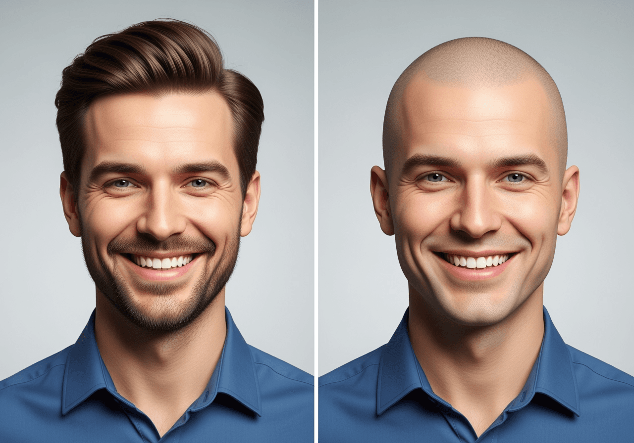 A split-screen before-and-after image of a person with hair and a realistic bald version generated by AI.