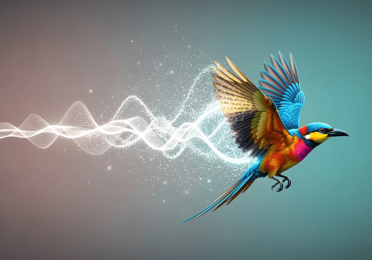 Abstract art showing a wave of light transforming into a photorealistic tropical bird, symbolizing text-to-image AI generation.