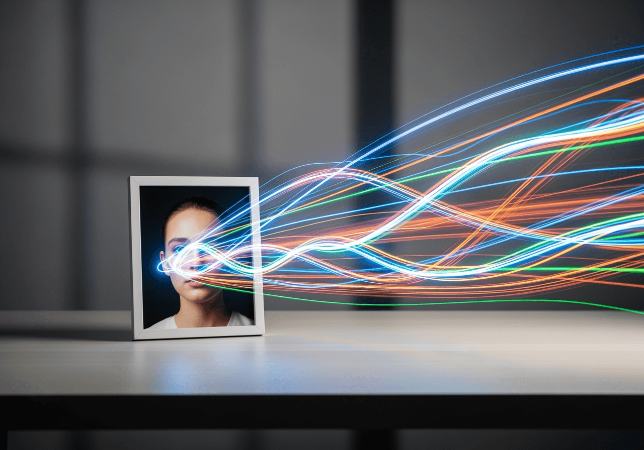 A minimalist desk with a photo frame from which colorful light trails emerge, symbolizing image-to-video AI.