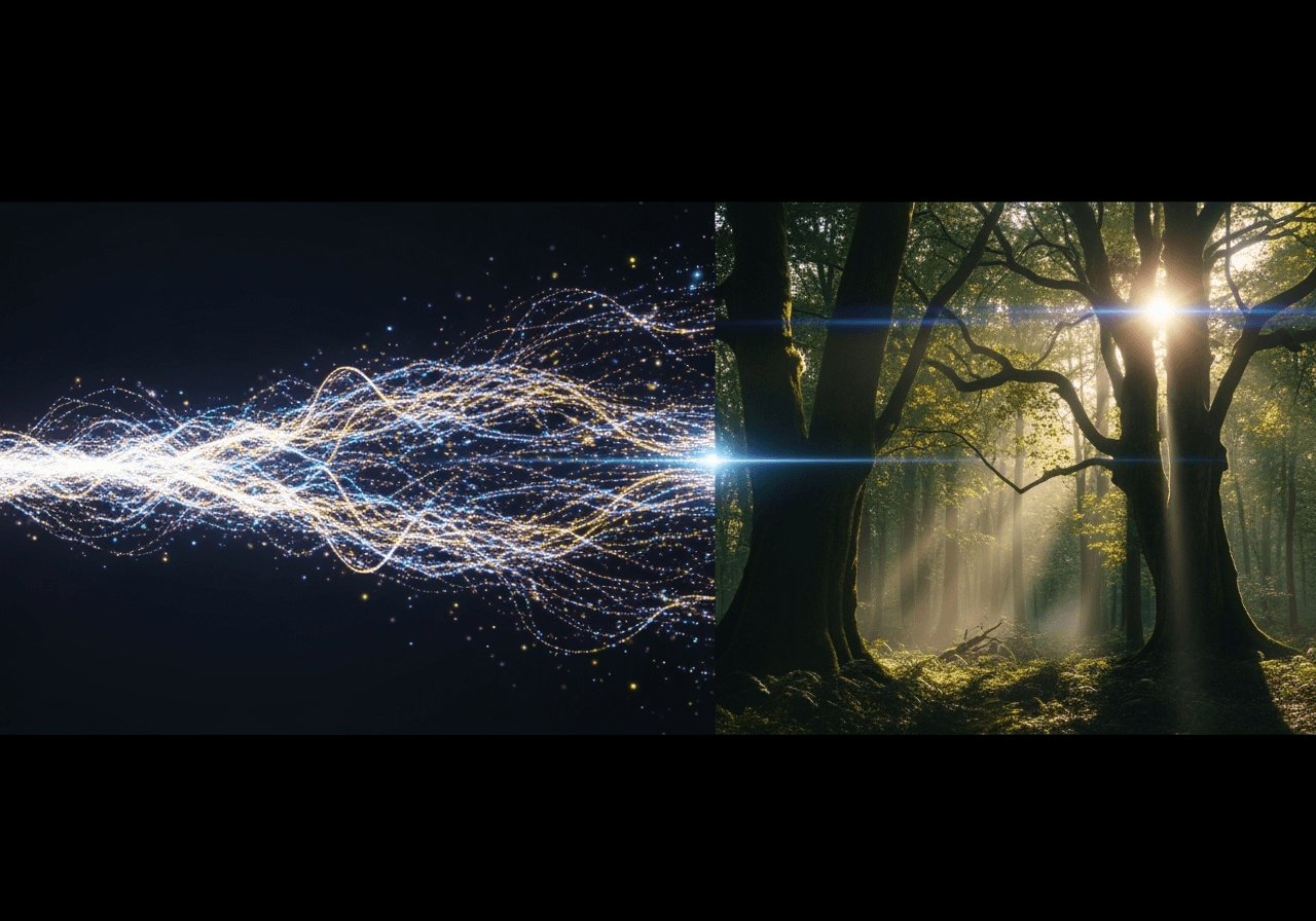 An abstract visualization of AI transforming text into a high-quality, realistic video of a forest.