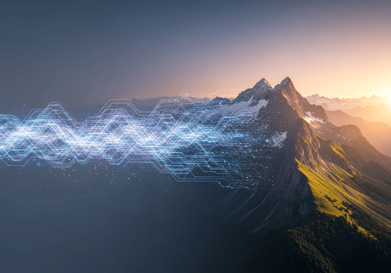 Abstract glowing lines transforming into a photorealistic mountain landscape, representing AI video generation from text.